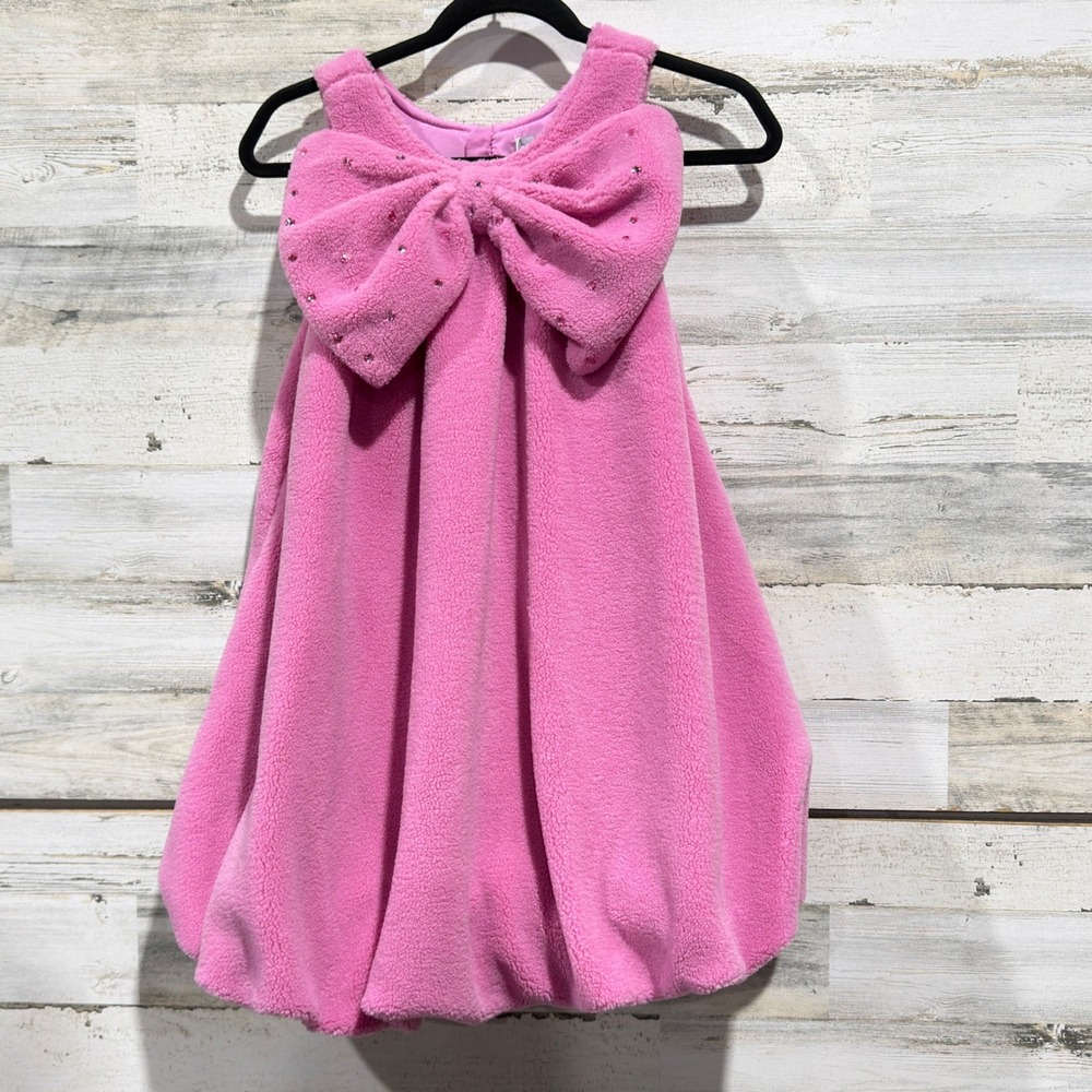 Lola and the Boys Teddy Fleece Dress Girls 14 Pink Bow Rhinestone Glam NWT